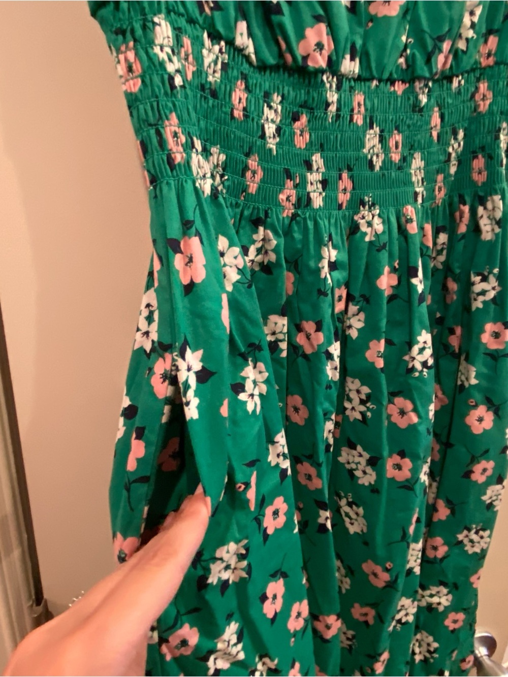 NWOT Kate Spade L Women’s Dress Green pink white Floral with Smocked Waist - Picture 5 of 7